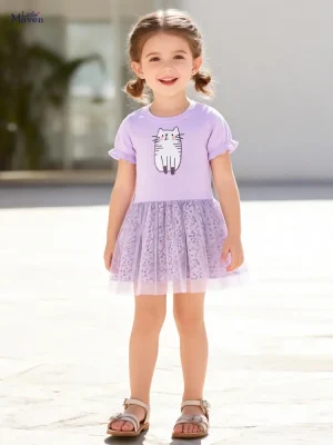 Little Maven Girls Cat & Floral Cotton Mesh Dress | Soft Tulle