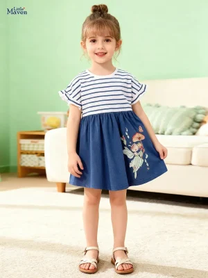 Little Maven Girls Striped Cotton Character Print Dress