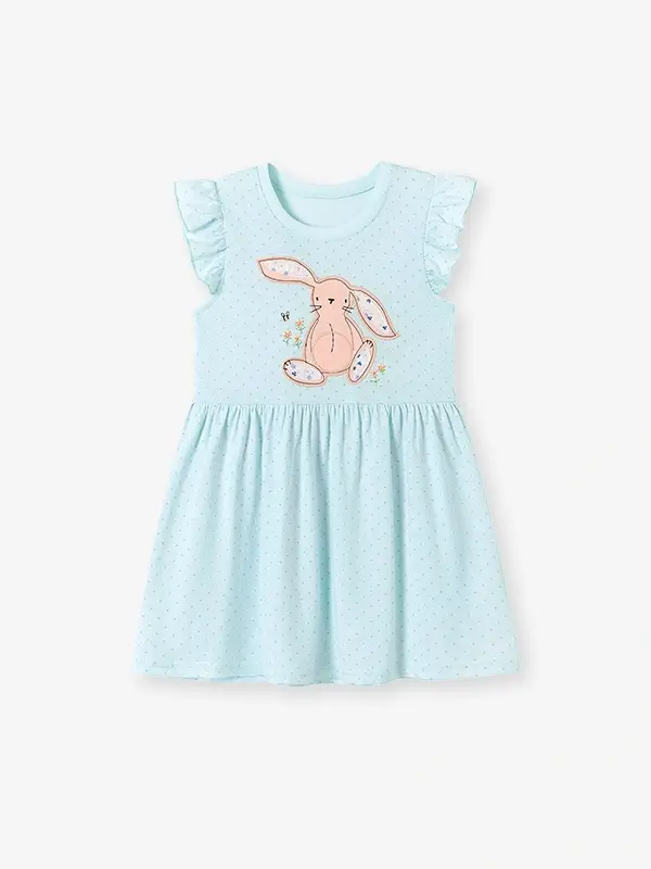Little Maven Girls Cotton Rabbit Applique Dress with Ruffles 2 Little Maven Girls Cotton Rabbit Applique Dress with Ruffles - Image 2
