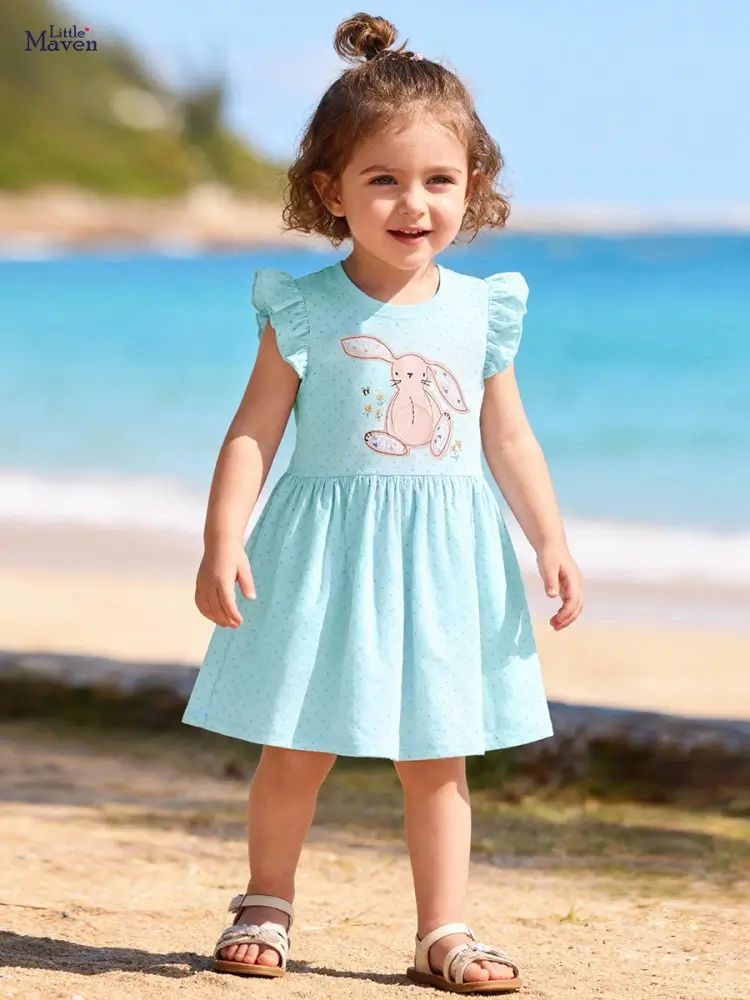 Little Maven Girls Cotton Rabbit Applique Dress with Ruffles 1 Little Maven Girls Cotton Rabbit Applique Dress with Ruffles