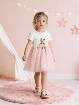 Little Maven Girls Floral Mesh Dress with 3D Bunny Design