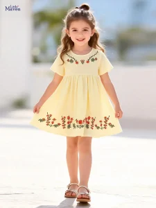 Little Maven Girls Floral Embroidered Cotton Dress