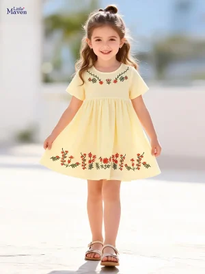 Little Maven Girls Floral Embroidered Cotton Dress
