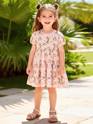 Little Maven Girls Rabbit Print Cotton Short Sleeve Dress