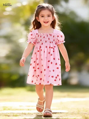 Little Maven Girls Strawberry Print Cotton Plaid Summer Dress