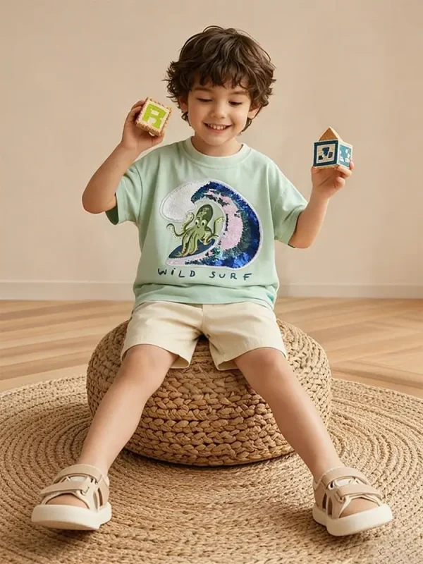 Little Maven Boys 2pc Octopus Sequin Cotton T-Shirt & Shorts