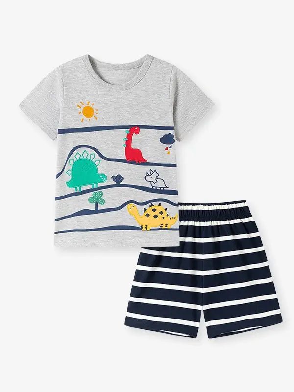 Little Maven Boys Dinosaur Appliqué Cotton Short-Sleeve T-Shirt and Striped Shorts Set 2 Little Maven Boys Dinosaur Appliqué Cotton Short-Sleeve T-Shirt and Striped Shorts Set - Image 2