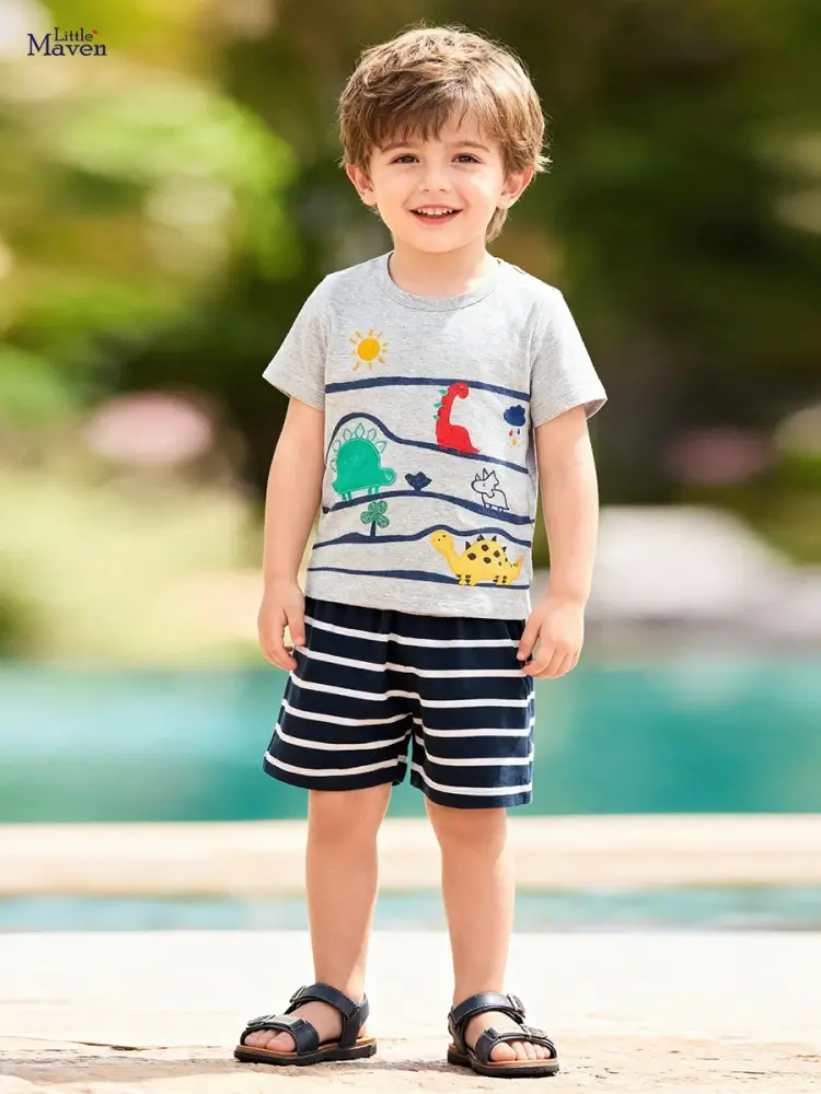 Little Maven Boys Dinosaur Appliqué Cotton Short-Sleeve T-Shirt and Striped Shorts Set 1 Little Maven Boys Dinosaur Appliqué Cotton T-Shirt & Shorts Set