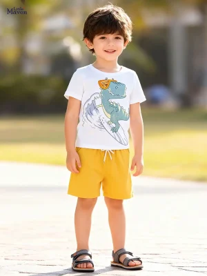 Little Maven Boys Dinosaur Cotton T-Shirt & Striped Shorts