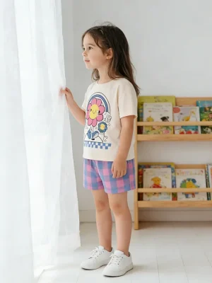 Little Maven Girls Sunflower Tee & Plaid Shorts | Soft Cotton