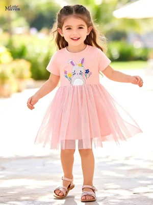 Little Maven Girls Rabbit Appliqué Cotton Mesh Dress