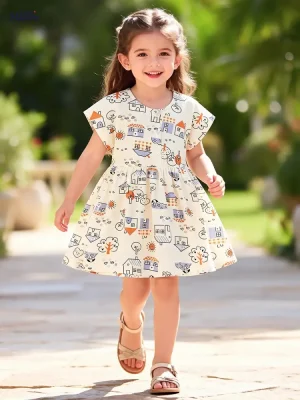 Little Maven Girls Cartoon House Cotton Dress | Short Sleeve