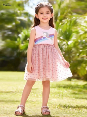 Little Maven Girls Unicorn Cotton Mesh Sleeveless Dress