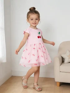 Little Maven Girls Cherry Print Cotton Mesh Ruffle Dress