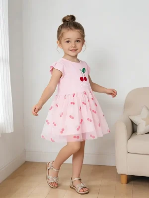 Little Maven Girls Cherry Print Cotton Mesh Ruffle Dress