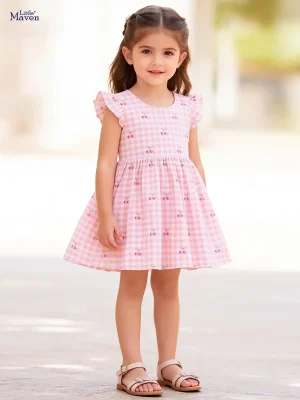 Little Maven Girls Cherry Print Cotton Plaid Dress