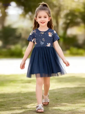 Little Maven Girls Bear & Polka Dot Cotton Mesh Dress