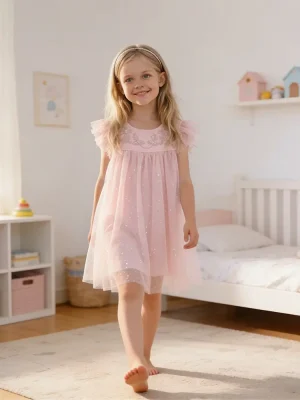 Little Maven Girls Floral Embroidered Sequined Mesh Dress