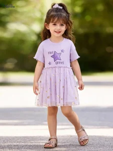 Little Maven Girls Letter & Star Print Cotton Mesh Dress