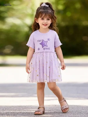 Little Maven Girls Letter & Star Print Cotton Mesh Dress