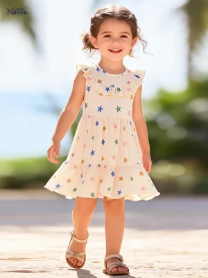 Little Maven Girls Star Print Cotton Ruffle Collar Dress