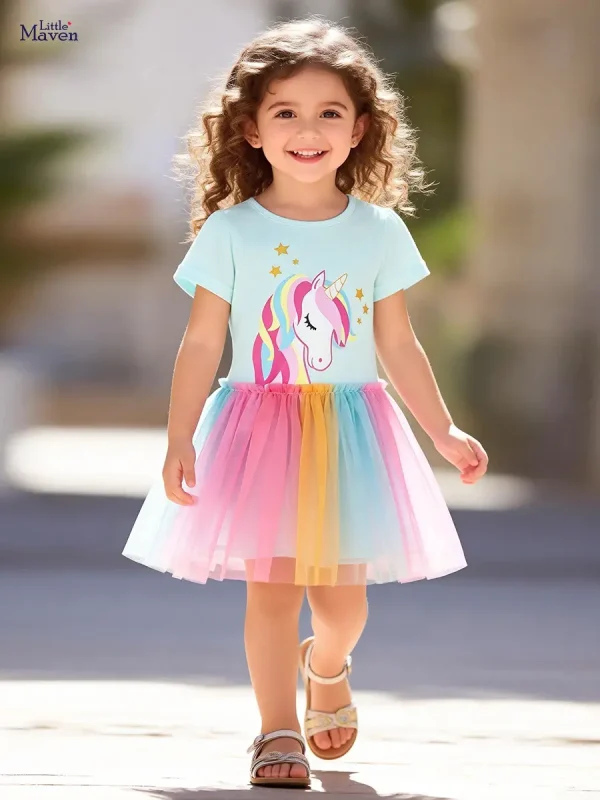 Little Maven Girls Unicorn Dress - Cotton & Mesh Twirl Gown