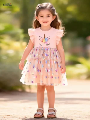 Little Maven Girls 3D Unicorn Cat Cotton Mesh Dress