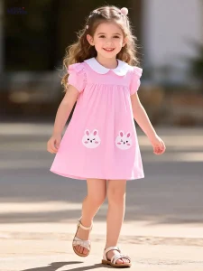 Little Maven Girls Cotton Rabbit Dress w/ Peter Pan Collar