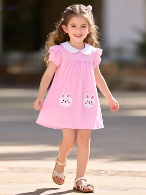 Little Maven Girls Cotton Rabbit Dress w/ Peter Pan Collar