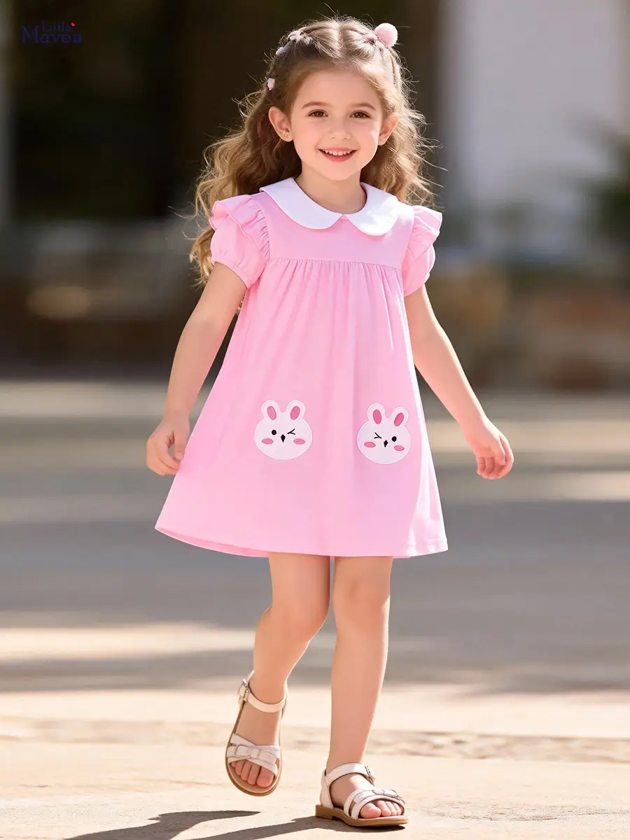 Little Maven Girls Cotton Rabbit Dress w/ Peter Pan Collar