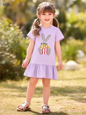 Little Maven Girls Cotton Rabbit Appliqué Short Sleeve Dress