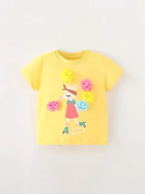 Little Maven Girls Cotton Cat T-Shirt with 3D Floral Accents