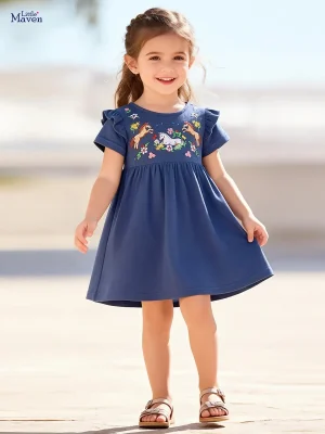 Little Maven Girls Floral & Horse Appliqué Cotton Dress