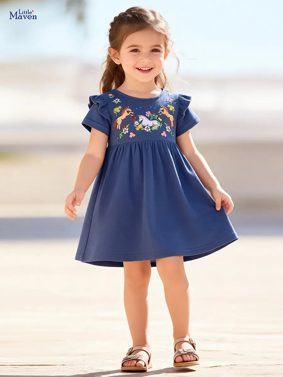 Little Maven Girls Floral & Horse Appliqué Cotton Dress
