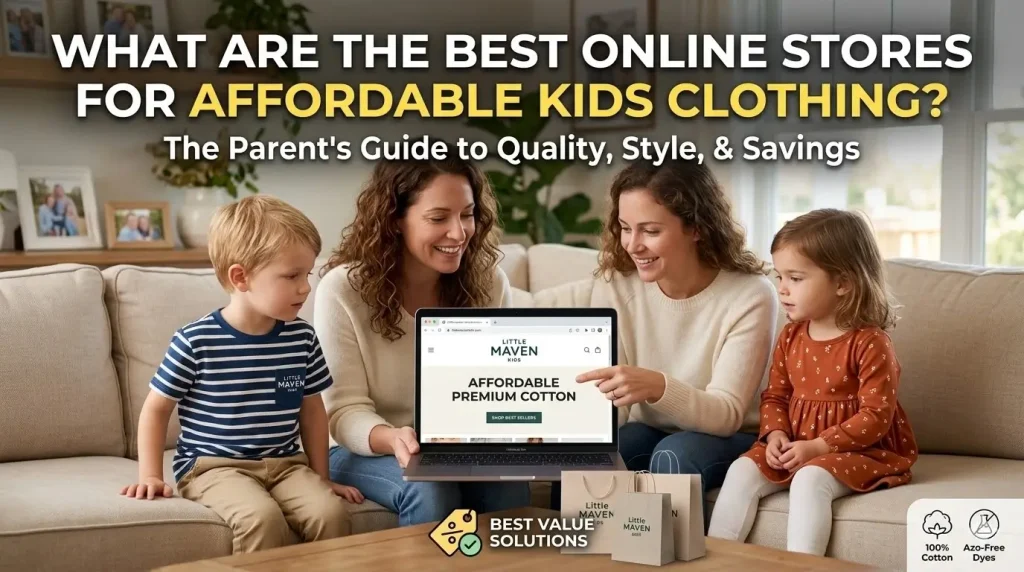 A mother and children sitting on a sofa looking at a laptop displaying littlemavenkids.com webpage, illustrating how to find the best affordable kids clothing stores online, with text: 'WHAT ARE THE BEST ONLINE STORES FOR AFFORDABLE KIDS CLOTHING? The Parent's Guide to Quality, Style, & Savings
