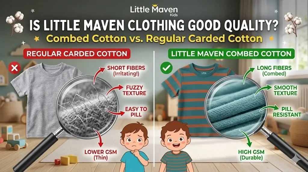 Is Little Maven Clothing Good Quality? A Deep Dive into Textile Integrity 1 An infographic comparing regular carded cotton vs. Little Maven's premium combed cotton. The magnified view shows long, smooth fibers and high GSM for Little Maven, versus short, fuzzy, and pilling-prone fibers for regular cotton, illustrating superior clothing quality.