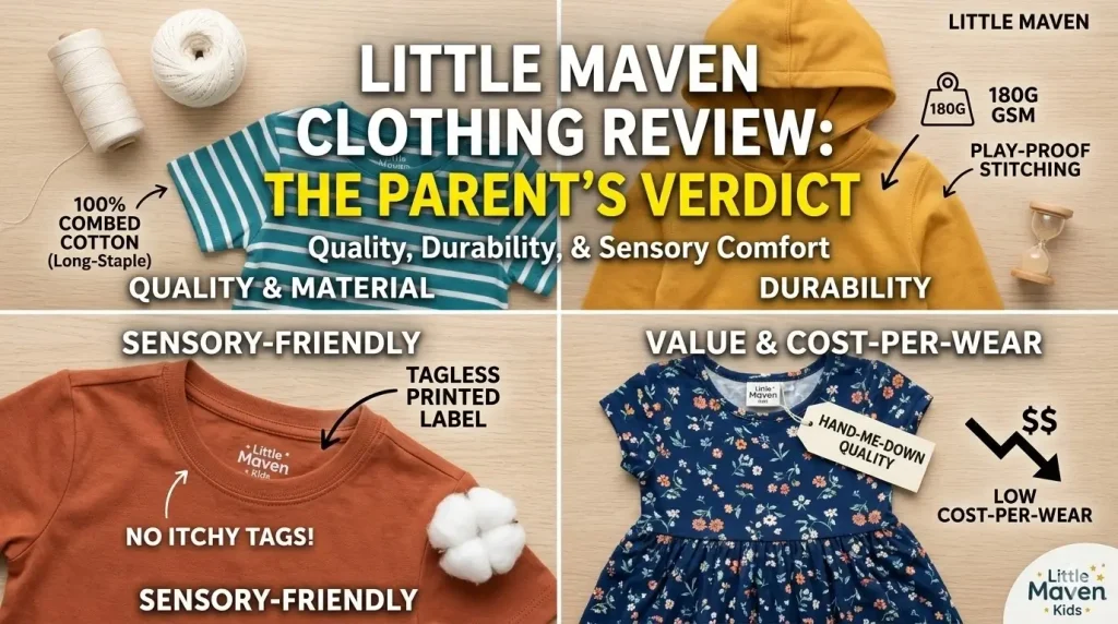 Little Maven Clothing Review: A Technical and Practical Analysis 1 A 4-quadrant review infographic for Little Maven Kids clothing, showing 100% long-staple combed cotton, 180G GSM durability, tagless printed labels for sensory comfort, and a low cost-per-wear value proposition.