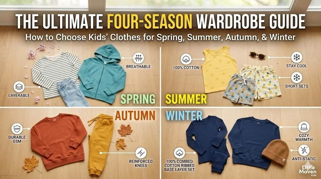 4-quadrant collage showing seasonal kids' clothes from Little Maven: Spring stripes, Summer cotton tanks, Autumn heavyweight joggers, and Winter ribbed thermals. Title text: The Ultimate Four-Season Wardrobe Guide.