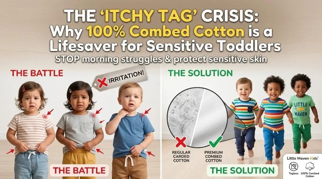 Comparison showing a toddler irritated by rough clothes versus a happy child wearing Little Maven tagless combed cotton clothing, illustrating sensory-friendly fashion solutions.
