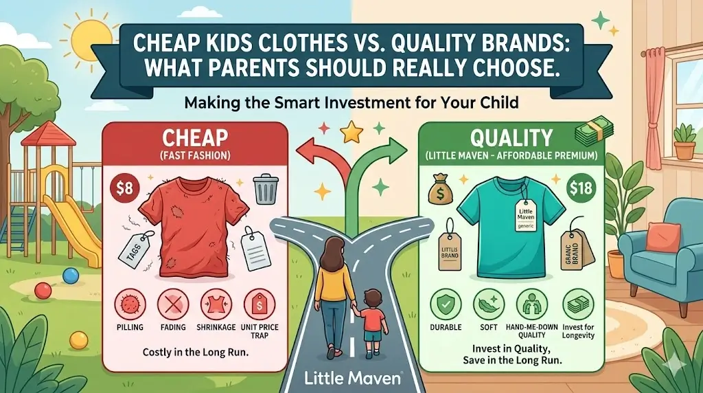 Cheap Kids Clothes vs Quality Brands: What Parents Should Really Choose 1 A blog cover image comparing cheap fast fashion kids' clothing versus quality brands like Little Maven, with text: 'CHEAP KIDS CLOTHES VS. QUALITY BRANDS: WHAT PARENTS SHOULD REALLY CHOOSE. Making the Smart Investment for Your Child.' The illustrative style shows a visual split between a cheap, pilled red shirt (left) and a quality, smooth teal shirt (right), highlighting outcomes like 'Unit Price Trap', 'Durability', and 'Invest for Longevity'. Includes the Little Maven logo.