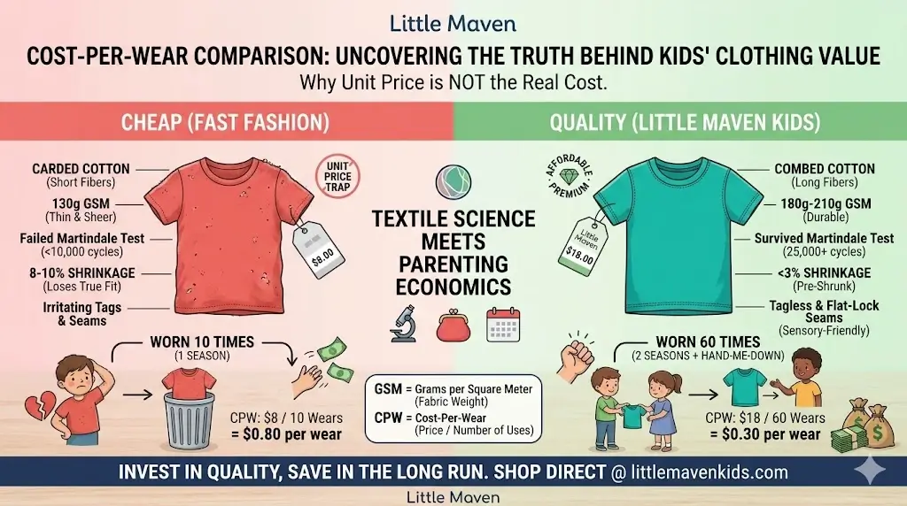 Cheap Kids Clothes vs Quality Brands: What Parents Should Really Choose 2 An infographic comparison of Cost-Per-Wear (CPW) between cheap fast fashion kids' clothes and Little Maven Kids quality brands. The visualization contrasts a budget $8 t-shirt (carded cotton, low GSM, failed Martindale, pilling after 10 wears, CPW $0.80) with a Little Maven $18 t-shirt (combed cotton, high GSM, survived Martindale, hand-me-down after 60 wears, CPW $0.30). Includes callouts for textile science definitions and the Little Maven logo.