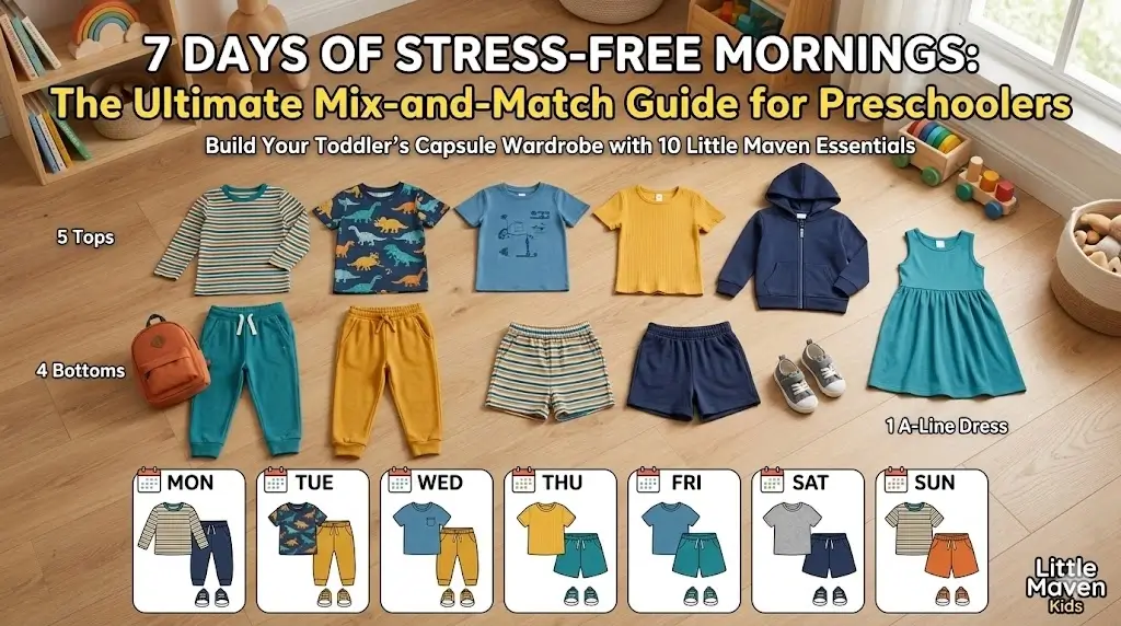 7 Days of Stress-Free Mornings: The Ultimate Mix-and-Match Guide for Preschoolers 1 A 10-piece toddler capsule wardrobe by Little Maven Kids laid out on a wooden floor, featuring 5 tops, 4 bottoms, and a dress, with a visual 7-day calendar showing mix-and-match preschool outfit combinations for stress-free mornings.