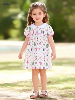 Little Maven Girls Christmas Cotton Peter Pan Collar Dress