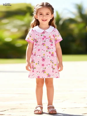 Little Maven Girls Cotton Rabbit Floral Peter Pan Collar Dress