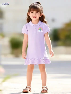 Little Maven Girls Cotton Polo Dress with Rainbow Appliqué