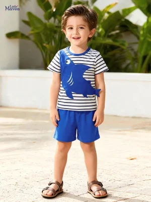 Little Maven Boys Cotton Shark Striped Tee & Shorts Set