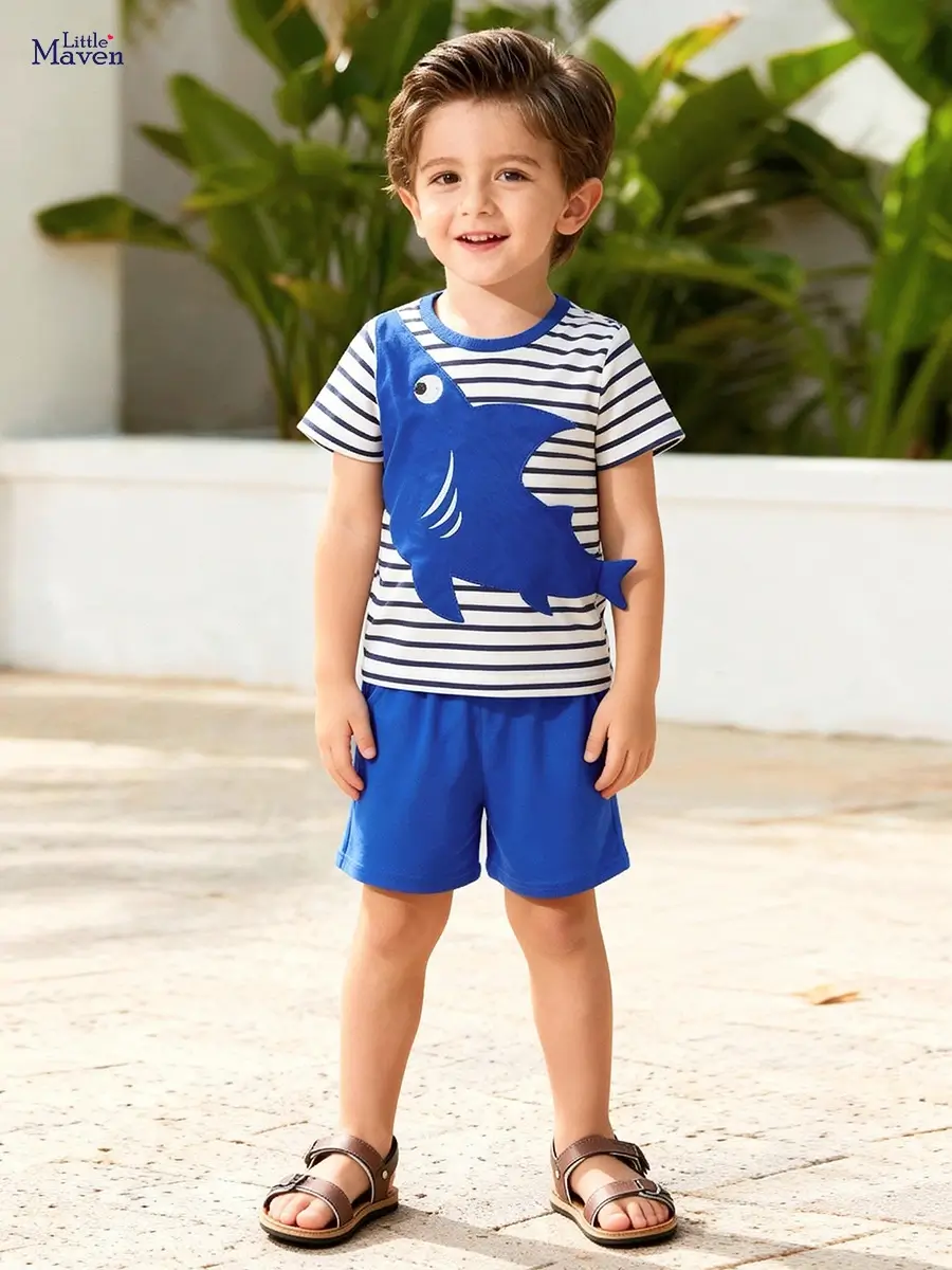 Little Maven Boys Cotton Shark Striped Tee & Shorts Set