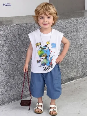Little Maven Boys Dinosaur Cotton Sleeveless Summer Set