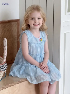 Little Maven Girls Blue Plaid Cotton Dress | Breathable Summer