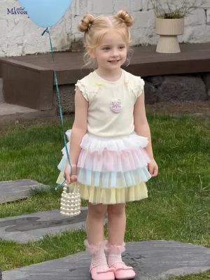 Little Maven Girls' Cotton & Mesh Skirt and T-Shirt Set